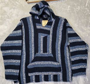 Baja Joe Mexican Drug Rug Pullover Hoodie Poncho L Blue Stripe Pouch Hippie Boho